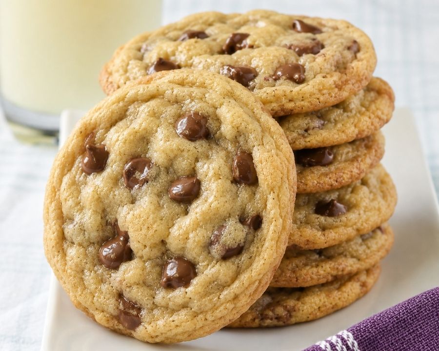 Stacked chocolate chip cookies on a plate