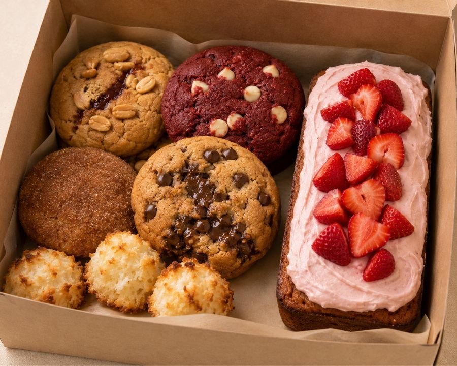 Custom mixed treat box with cookies, loaf slices, tartlets, coconut macaroons, and s’mores